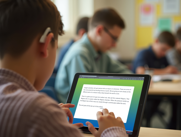 Frontrow Live Boy With Hearing Aid Transcription On Tablet