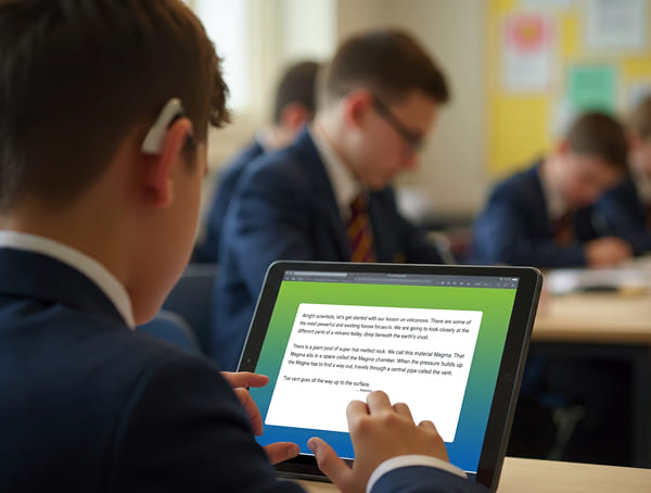 Frontrow Live Boy With Hearing Aid Transcription On Tablet (1)